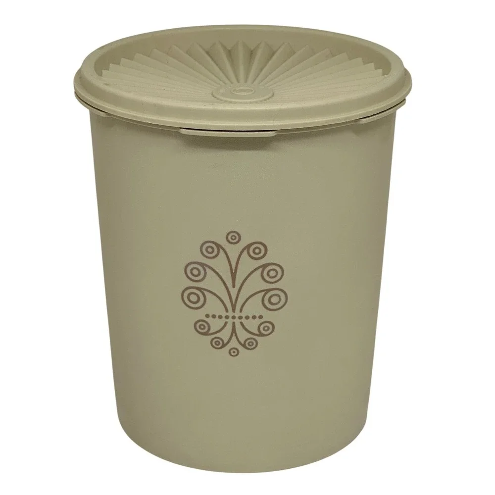 VTG Tupperware Canister Tan Beige Sunburst Lid Flour Sugar Storage Floral